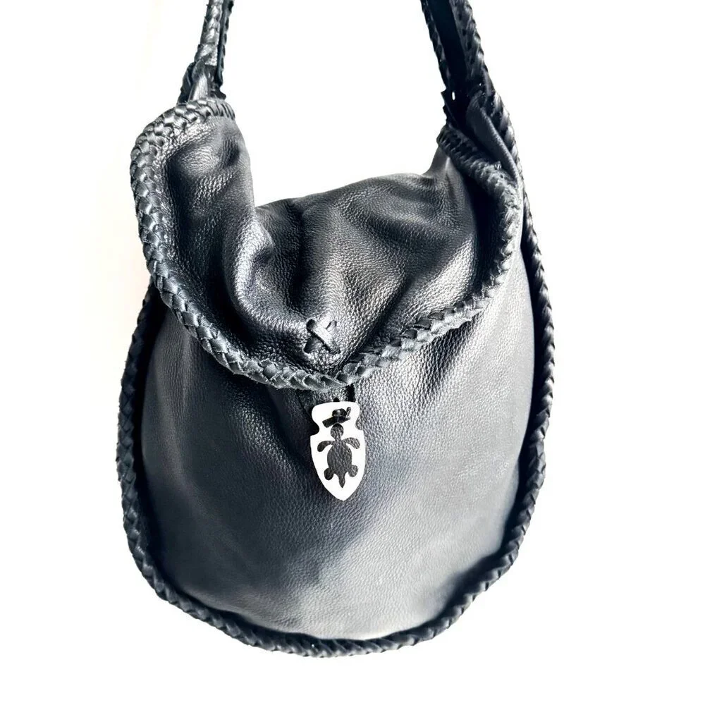 Vintage Black Leather Whipstitch Detail Slouchy Hobo Bag
